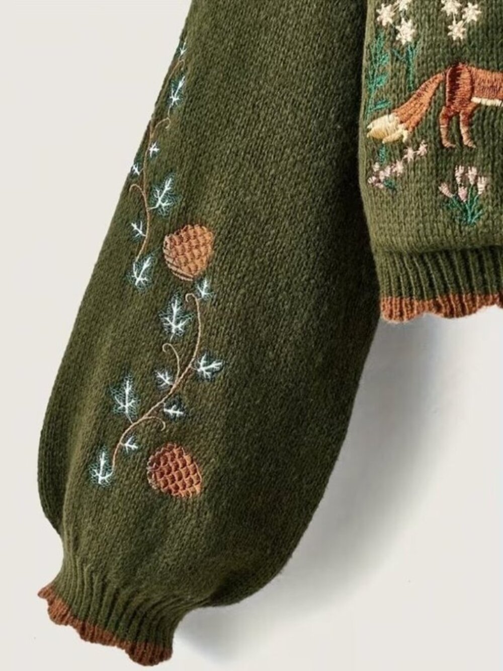 Button Up Fox Nature Army Green Cardigan With Pockets - Picture 3 of 7